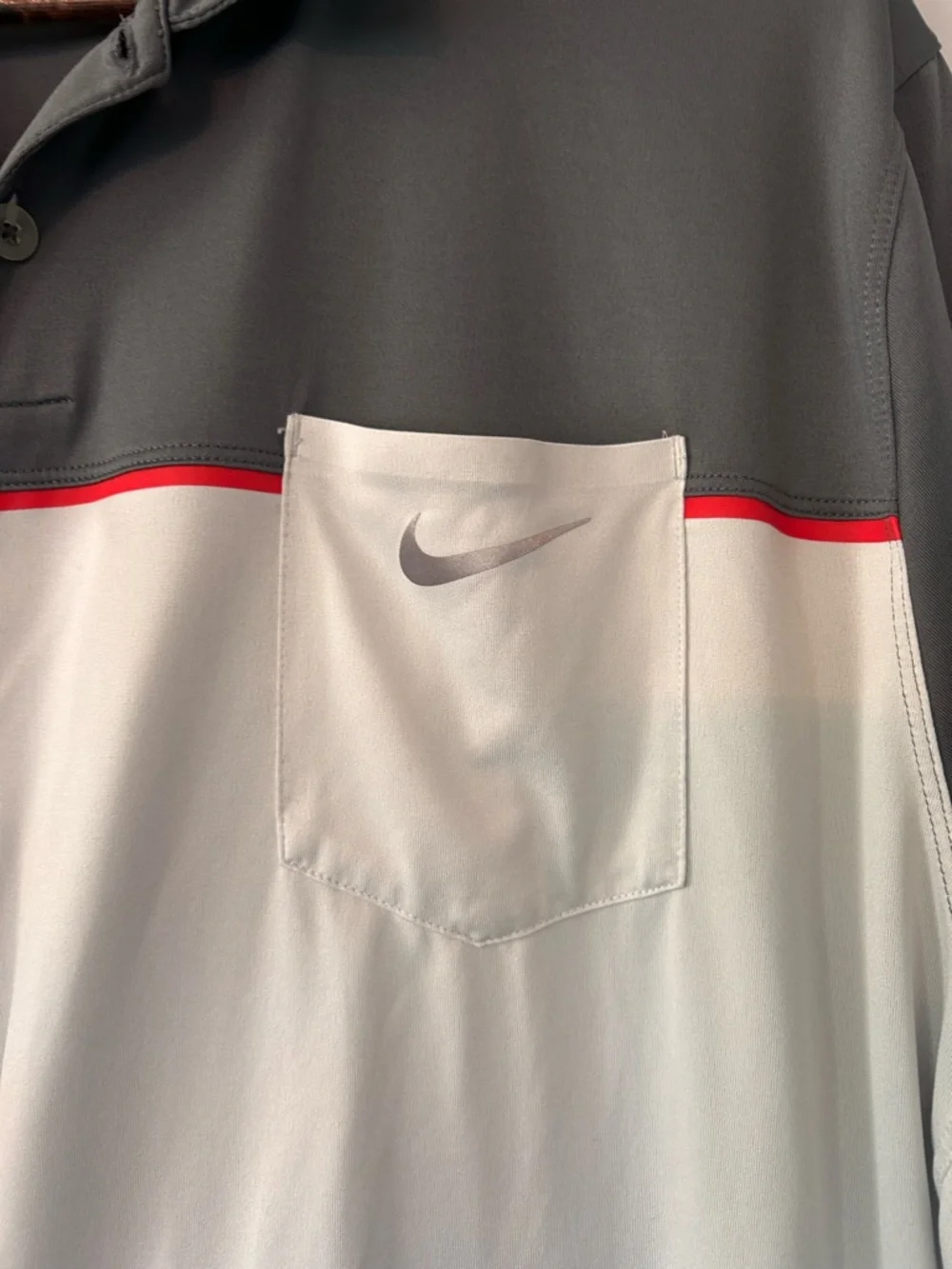NIKE GOLF POLO SHIRT TOUR PERFORMANCE GREY/WHITE DRIFIT MESH front pocket EC XXL